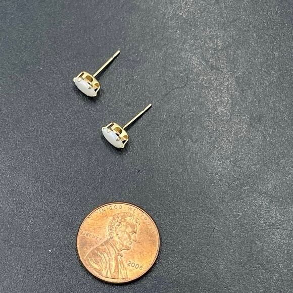 Designer Yellow Gold 6 Prong Oval Opal Solitaire Cabochon Radiant Stud Earrings - Picture 3 of 11